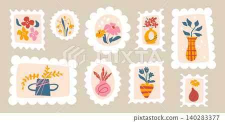 Cute vintage postage stamps on beige background 140283377