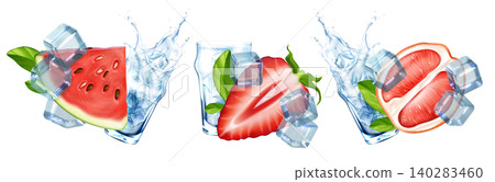 Fresh fruit slices with ice cubes, water splash 140283460