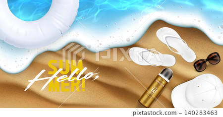 Sandy beach top view bg with sunscreen, sunglasses Sandy beach top view bg with sunscreen, sunglasses 140283463