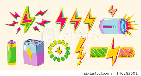 Retro sticker set, energy bar icon, lightning bolt Retro sticker set, energy bar icon, lightning bolt 140283501
