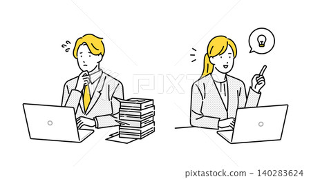 Illustration material: A troubled male business person and a female business person who has an idea. Illustration material: A troubled male business person and a female business person who has an idea. 140283624