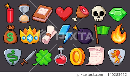 Pixel art game collection of arcade item icons Pixel art game collection of arcade item icons 140283632