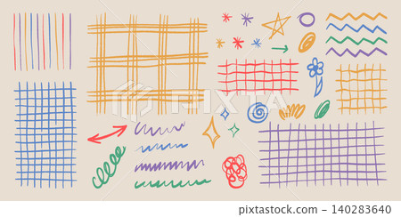 Playful doodles and color grid patterns set Playful doodles and color grid patterns set 140283640