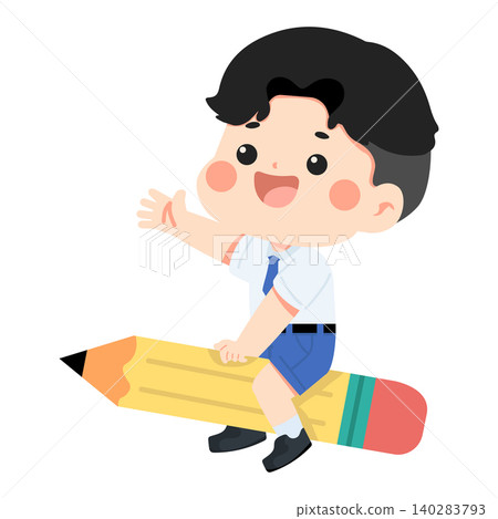 Boy Riding a Giant Pencil Illustration 140283793