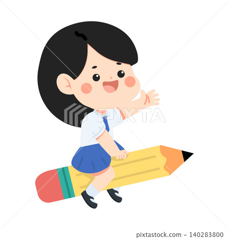 School Girl Riding a Giant Pencil Illustration 140283800