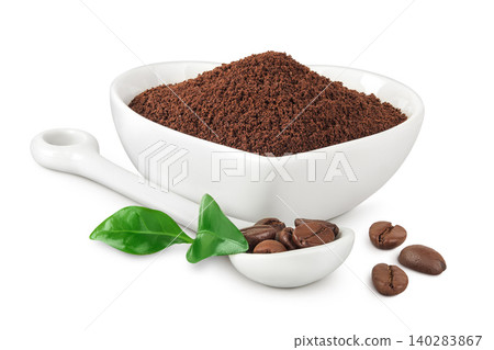 ground coffee in ceramic bowl and coffee beans isolated on white background ground coffee in ceramic bowl and coffee beans isolated on white background 140283867