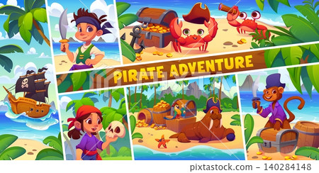 Pirates adventure poster with cartoon funny kids and animals corsair characters, treasures and sail ship. Kid pirates on tropical Caribbean island, girl corsair and boy sailor with gold treasure chest Pirates adventure poster with cartoon funny kids and animals corsair characters, treasures and sail ship. Kid pirates on tropical Caribbean island, girl corsair and boy sailor with gold treasure chest 140284148