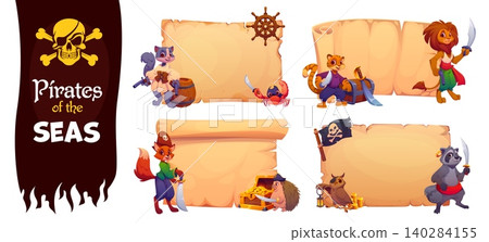 Cartoon animal pirate characters with old parchment paper scroll. Cute pirate crew personages of lion, cat and tiger sailors, crab, fox and hedgehog captain, owl and raccoon animals with corsair flag Cartoon animal pirate characters with old parchment paper scroll. Cute pirate crew personages of lion, cat and tiger sailors, crab, fox and hedgehog captain, owl and raccoon animals with corsair flag 140284155