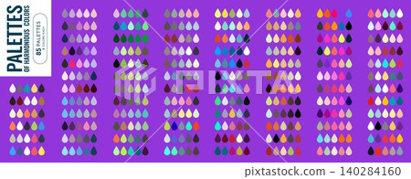 Color palette collection with harmonious multicolor swatches and teardrop samples on purple background. Set of warm, cool and vibrant color combinations for web design, branding and interior projects 140284160