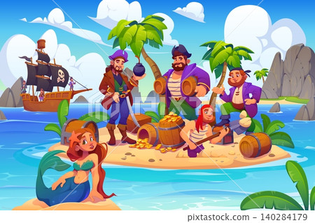 Cartoon pirate characters with treasure chest on tropical island in Caribbean sea. Pirate and corsair characters digging with spade for gold money treasure. Corsair sailboat ship and siren mermaid Cartoon pirate characters with treasure chest on tropical island in Caribbean sea. Pirate and corsair characters digging with spade for gold money treasure. Corsair sailboat ship and siren mermaid 140284179