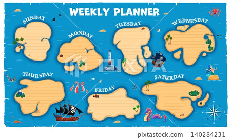 Weekly planner schedule with pirate islands and ship with treasure map elements, days of week, lighthouse, compass, mermaid, sea creatures and palm trees. Template for children activities planning Weekly planner schedule with pirate islands and ship with treasure map elements, days of week, lighthouse, compass, mermaid, sea creatures and palm trees. Template for children activities planning 140284231