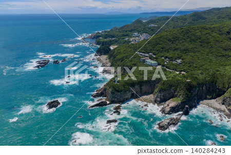 Aerial view of the rocky coastline around Cape Ashizuri in Kochi Prefecture and the Pacific Ocean. Aerial view of the rocky coastline around Cape Ashizuri in Kochi Prefecture and the Pacific Ocean. 140284243