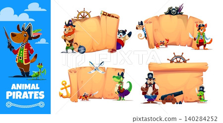 Cartoon animal pirates and corsairs banners with ship crew characters and old parchment scrolls. Cute dog, lion and crocodile animal pirate captains, funny parrot, cat, panda and crab corsair sailors Cartoon animal pirates and corsairs banners with ship crew characters and old parchment scrolls. Cute dog, lion and crocodile animal pirate captains, funny parrot, cat, panda and crab corsair sailors 140284252