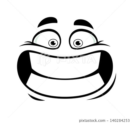 Funny cartoon face with happy and excited emotion. Comic emoji character with small round eyes, flat brows, squinting cheeks and huge wide grinning mouth with teeth. Cartoon expression for stickers Funny cartoon face with happy and excited emotion. Comic emoji character with small round eyes, flat brows, squinting cheeks and huge wide grinning mouth with teeth. Cartoon expression for stickers 140284253