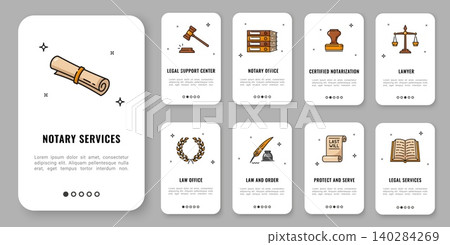 Notary service and last will mobile app onboarding screen, law office and legal support line icons. Outline symbols of gavel, stamp, scales, feather, last will scroll and law book for legal app UI Notary service and last will mobile app onboarding screen, law office and legal support line icons. Outline symbols of gavel, stamp, scales, feather, last will scroll and law book for legal app UI 140284269