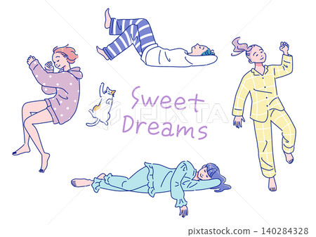 一組描繪女子安詳睡眠的插圖。 140284328