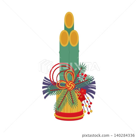 Traditional Japanese New Year kadomatsu with three bamboo stalks, pine sprigs, red plum blossoms, mizuhiki knot and festive berries symbolizing welcome good fortune and prosperity for holiday season Traditional Japanese New Year kadomatsu with three bamboo stalks, pine sprigs, red plum blossoms, mizuhiki knot and festive berries symbolizing welcome good fortune and prosperity for holiday season 140284336