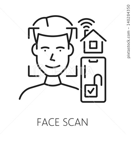Face scan home security device line icon or pictogram. Alarm technology outline vector sign, safety equipment linear symbol. Home protection device icon or pictogram with man character, smartphone Face scan home security device line icon or pictogram. Alarm technology outline vector sign, safety equipment linear symbol. Home protection device icon or pictogram with man character, smartphone 140284350