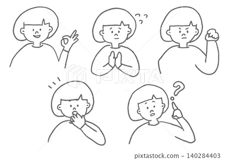 Simple line art set of various facial expressions: Girl, upper body Simple line art set of various facial expressions: Girl, upper body 140284403