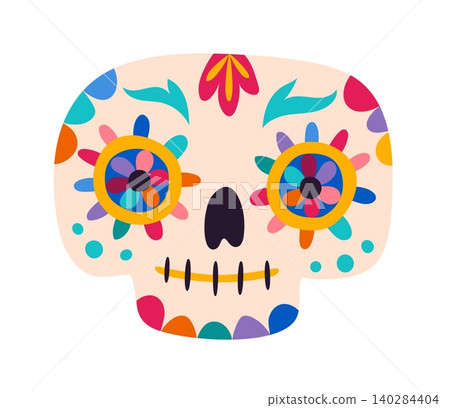 Mexican Day of the Dead cute beige ornate calavera sugar skull. Mexican decoration, Hispanic culture vector skeleton head. Day of the Dead calavera with flower petal eyes, folk patterns and ornaments Mexican Day of the Dead cute beige ornate calavera sugar skull. Mexican decoration, Hispanic culture vector skeleton head. Day of the Dead calavera with flower petal eyes, folk patterns and ornaments 140284404