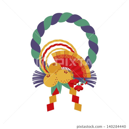Japanese wreath shimenawa for New Year holiday decoration in Japan. Shimenawa wreath or festoon ornament of rope twist with fan and shide streamers in Shinto religion and Asian ritual celebration Japanese wreath shimenawa for New Year holiday decoration in Japan. Shimenawa wreath or festoon ornament of rope twist with fan and shide streamers in Shinto religion and Asian ritual celebration 140284440