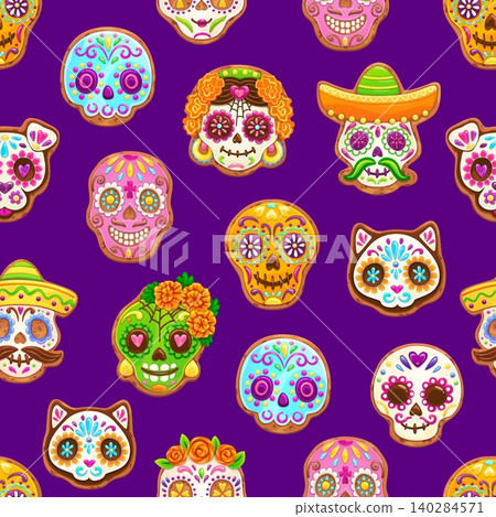 Mexican Dead Day biscuit cookies seamless pattern of decorated Dia de Los Muertos day sugar skulls, cats and faces adorned with floral pattern. Dead Day vector cookie calavera skulls in sombrero Mexican Dead Day biscuit cookies seamless pattern of decorated Dia de Los Muertos day sugar skulls, cats and faces adorned with floral pattern. Dead Day vector cookie calavera skulls in sombrero 140284571