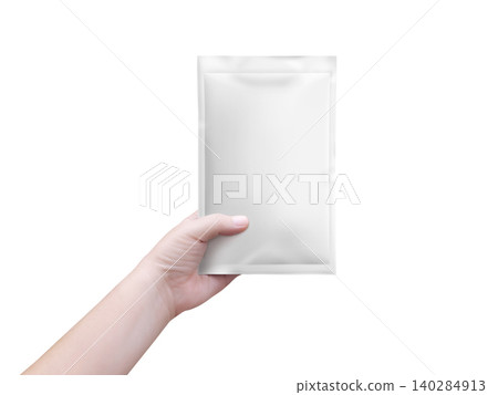 One hand holds a simulated empty white foil bag for product design purposes. 140284913