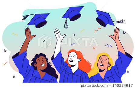 Diverse Graduates Throwing Caps in Blue 140284917