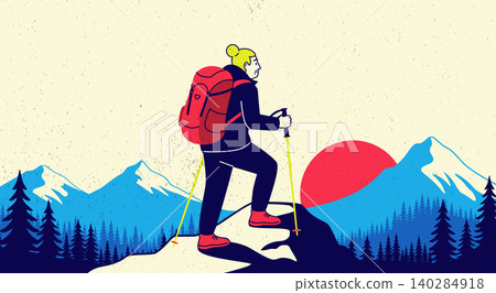 Elderly Woman Hiking Reaching Mountain Summit with Gear Elderly Woman Hiking Reaching Mountain Summit with Gear 140284918