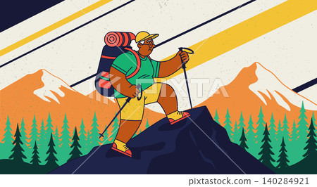 Elderly Woman Hiking Reaching Mountain Summit with Gear Elderly Woman Hiking Reaching Mountain Summit with Gear 140284921