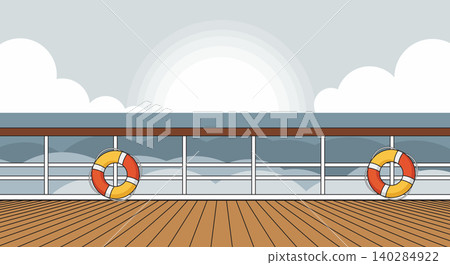 Empty Cruise Ship Deck with Sunset and Lifebuoys Empty Cruise Ship Deck with Sunset and Lifebuoys 140284922