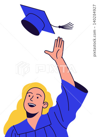 Graduate Catching Blue Cap in Blue Gown 140284927