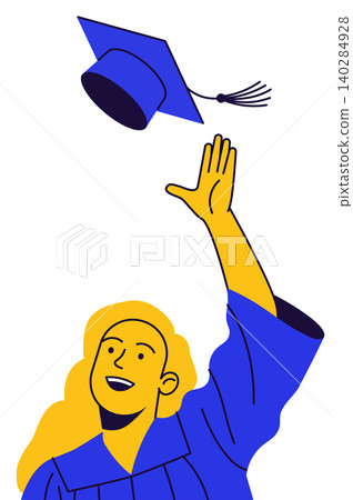 Graduate Catching Blue Cap in Blue Gown Graduate Catching Blue Cap in Blue Gown 140284928