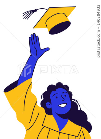 Graduate Catching Yellow Cap in Yellow Gown Graduate Catching Yellow Cap in Yellow Gown 140284932