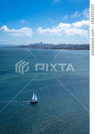 San Francisco skyline and bay with boats view from Golden Gate Bridge San Francisco skyline and bay with boats view from Golden Gate Bridge 140285107