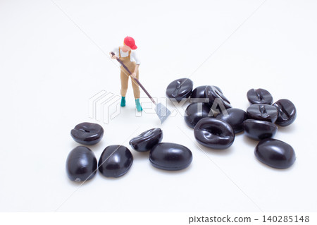a Miniature worker sorting dark beans a Miniature worker sorting dark beans 140285148