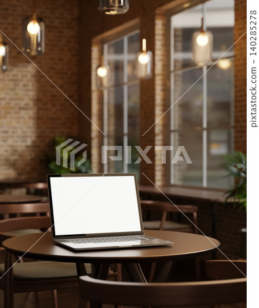White screen laptop on round wooden table under glass lamp in bricks wall room at cafe or restaurant White screen laptop on round wooden table under glass lamp in bricks wall room at cafe or restaurant 140285278