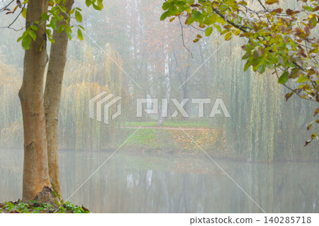 A peaceful park scene unfolds with a calm lake mirroring the soft hues of autumn trees and falling leaves in a gentle mist A peaceful park scene unfolds with a calm lake mirroring the soft hues of autumn trees and falling leaves in a gentle mist 140285718