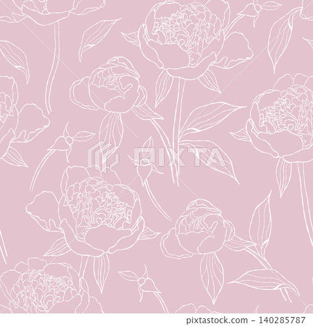Seamless Pattern With White Peony Flowers, Buds And Leaves On Soft Pink Background. Minimalist Vector Illustration. Elegant Botanical Aesthetic Line Art Wallpaper For Textile And Branding. Seamless Pattern With White Peony Flowers, Buds And Leaves On Soft Pink Background. Minimalist Vector Illustration. Elegant Botanical Aesthetic Line Art Wallpaper For Textile And Branding. 140285787
