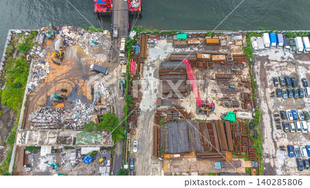 June 7 2026 Hong Kong. Kwun Tong Tsai Wan scrapyard construction industrial site June 7 2026 Hong Kong. Kwun Tong Tsai Wan scrapyard construction industrial site 140285806