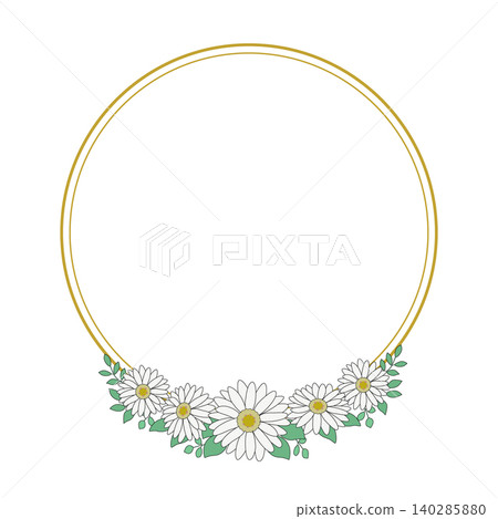 天然圓形相框,飾以非洲菊,金色。 天然圓形相框,飾以非洲菊,金色。 140285880
