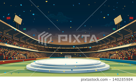 Blank round podium for placed product presentation at the middle of soccer stadium with full of fans and confetti wide angle on sunset sky background have blank space. Blank round podium for placed product presentation at the middle of soccer stadium with full of fans and confetti wide angle on sunset sky background have blank space. 140285984