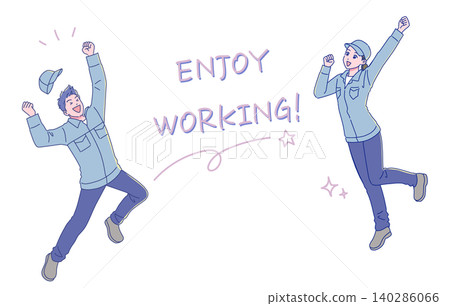 A young man and woman in work clothes jump for joy. A young man and woman in work clothes jump for joy. 140286066