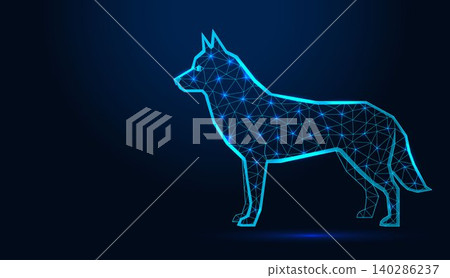 Low poly wireframe husky dog standing profile on dark blue background. Low poly wireframe husky dog standing profile on dark blue background. 140286237