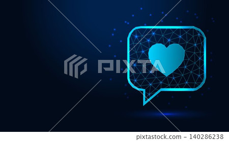 Low poly wireframe speech bubble with heart icon on dark blue background. Low poly wireframe speech bubble with heart icon on dark blue background. 140286238