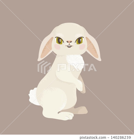 Cute white bunny illustration on beige background. Adorable rabbit character with long ears and fluffy tail for nursery art. Cute white bunny illustration on beige background. Adorable rabbit character with long ears and fluffy tail for nursery art. 140286239