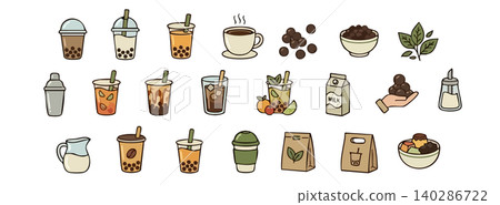 Bubble tea and boba milk tea vector icon set. Colorful illustrations of tapioca pearls, fruit tea, shaker and takeaway cups. Flat line art design Bubble tea and boba milk tea vector icon set. Colorful illustrations of tapioca pearls, fruit tea, shaker and takeaway cups. Flat line art design 140286722