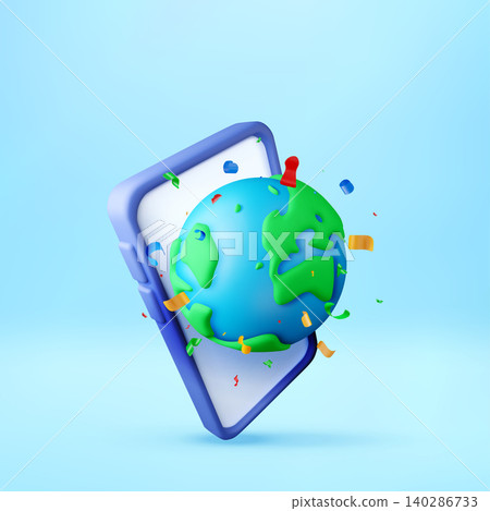 3d smartphone with floating globe and confetti. 3d smartphone with floating globe and confetti. 140286733