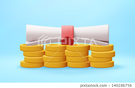 3D Diploma scroll resting on stack of golden coins 3D Diploma scroll resting on stack of golden coins 140286756
