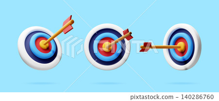 3D Three targets with arrows hitting bullseye 3D Three targets with arrows hitting bullseye 140286760